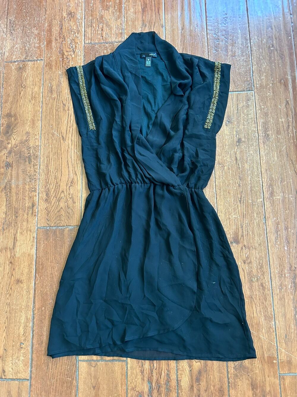 Aqua Black Dress with Gold Beaded Sleeve Accents